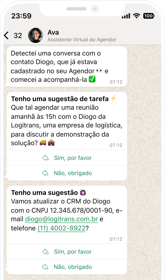 Ava sugerindo próximas ações comerciais pelo WhatsApp