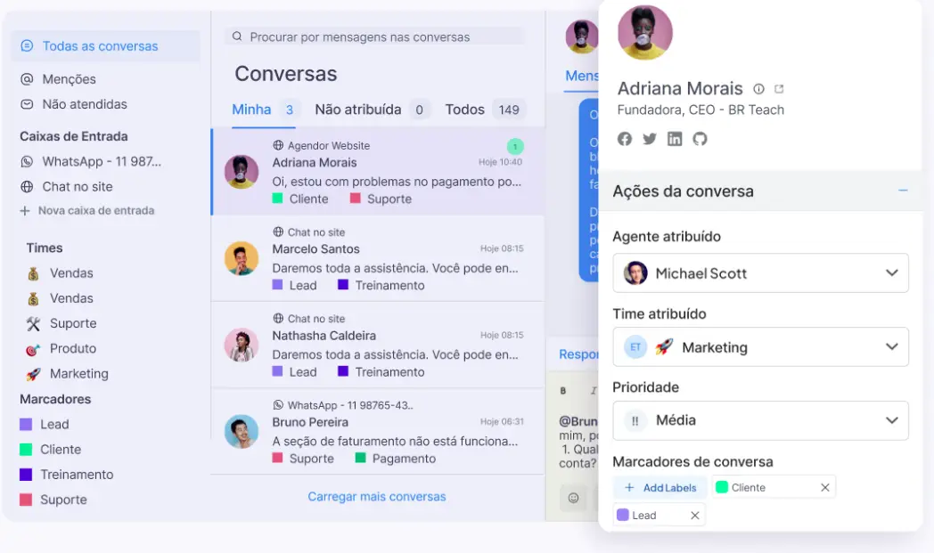 Tela da central de conversas do Agendor Chat com caixas de entrada, times e marcadores à esquerda e a lista de conversas do time ao centro