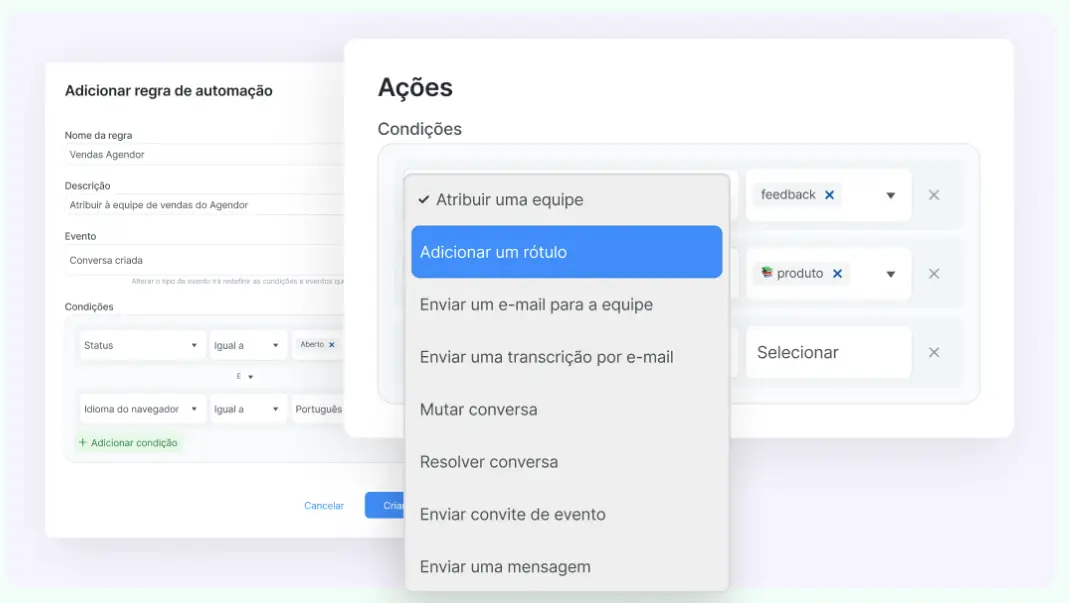 Tela de criação de regra de automação no Agendor Chat, com a lista de ações disponíveis aberta