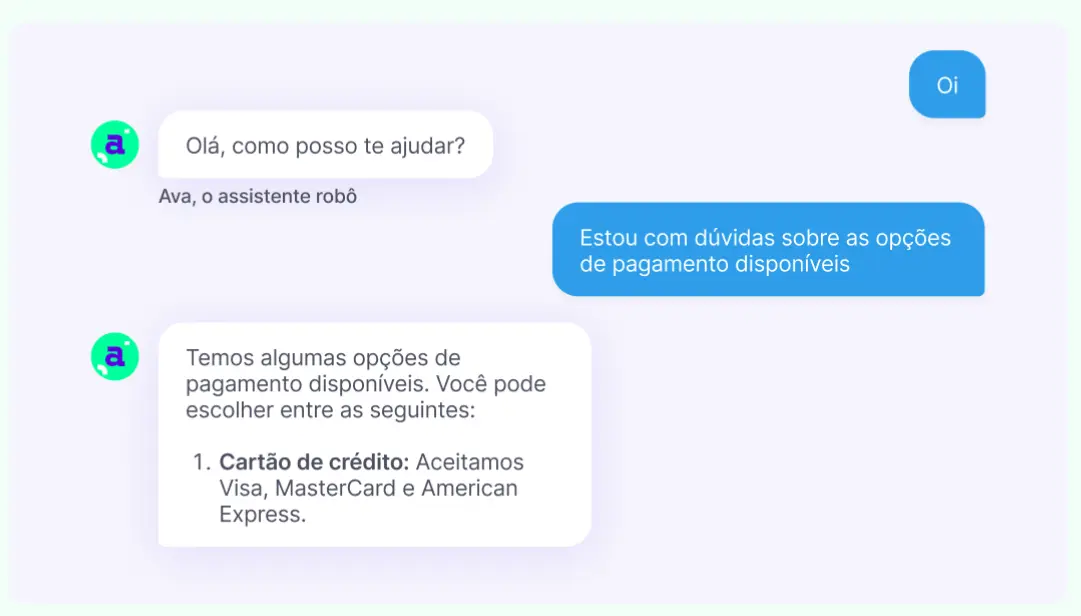 Fluxo de chatbot do Agendor Chat respondendo a uma dúvida de pagamento com uma lista de opções