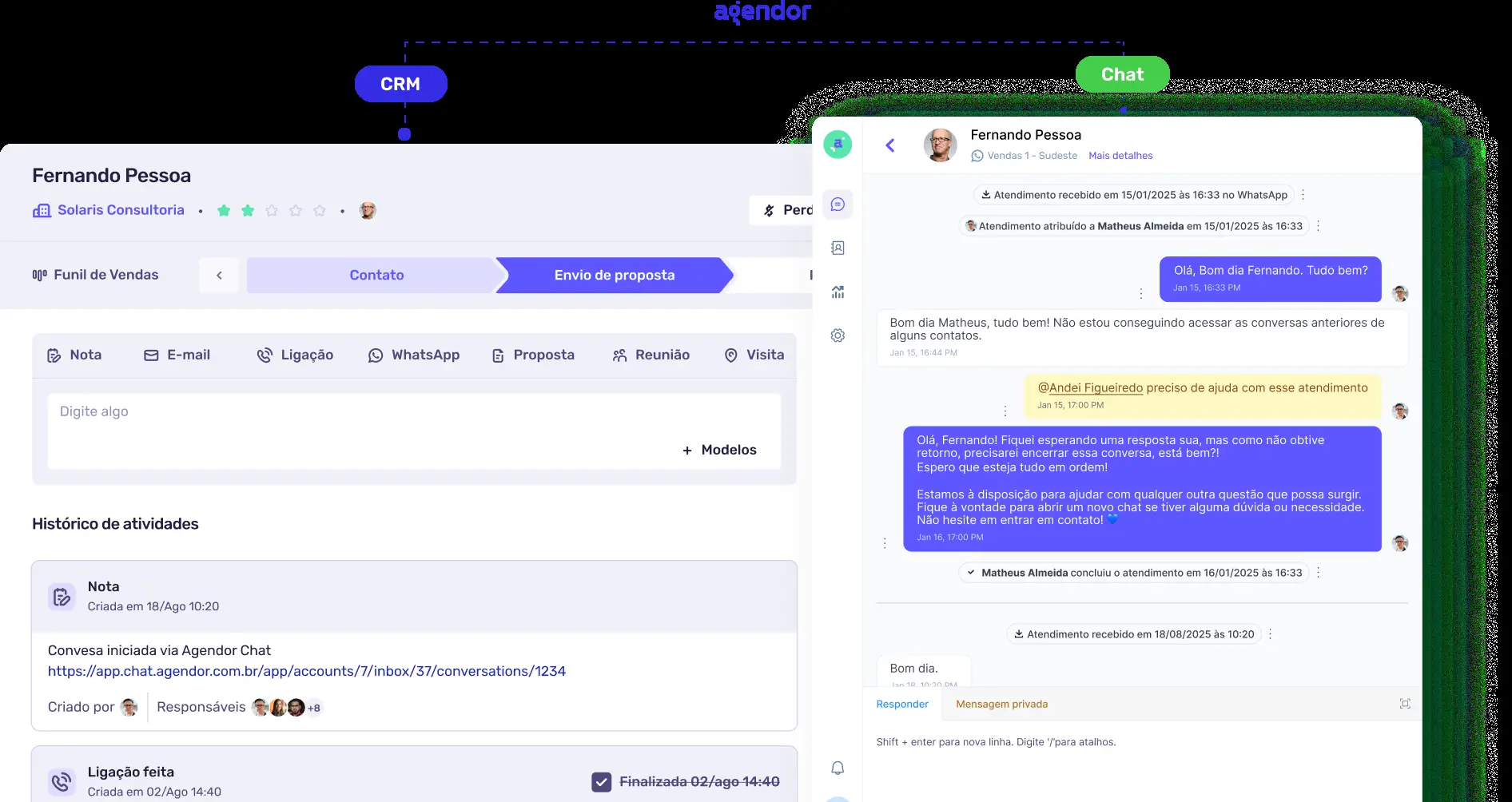 Tela do Agendor CRM com a conversa do Agendor Chat aberta ao lado dos dados do contato e da negociação