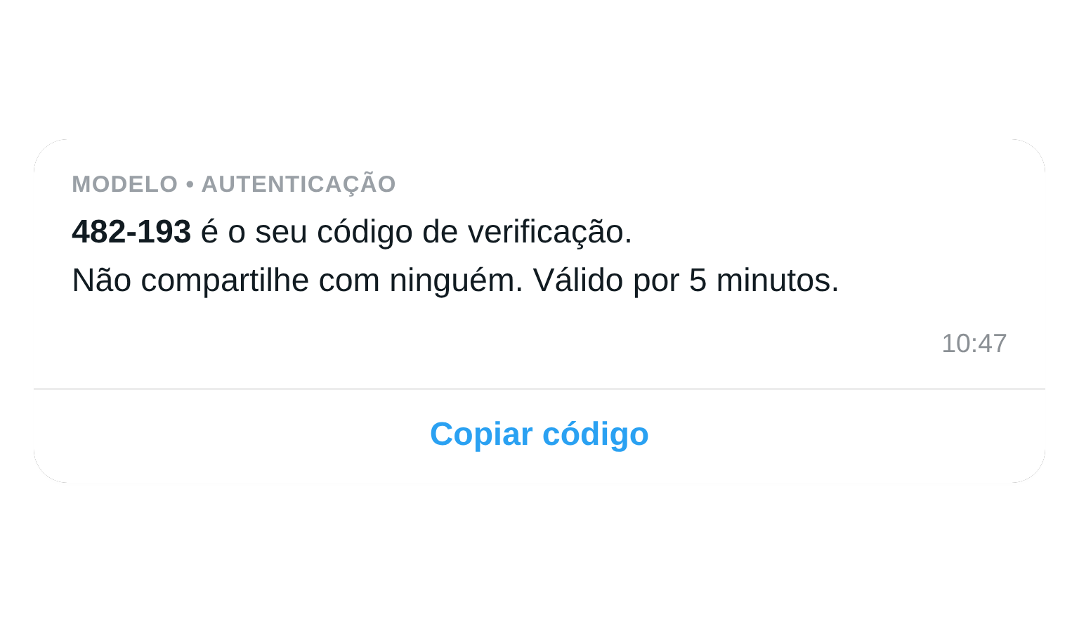 Exemplo de mensagem de Autenticação no WhatsApp