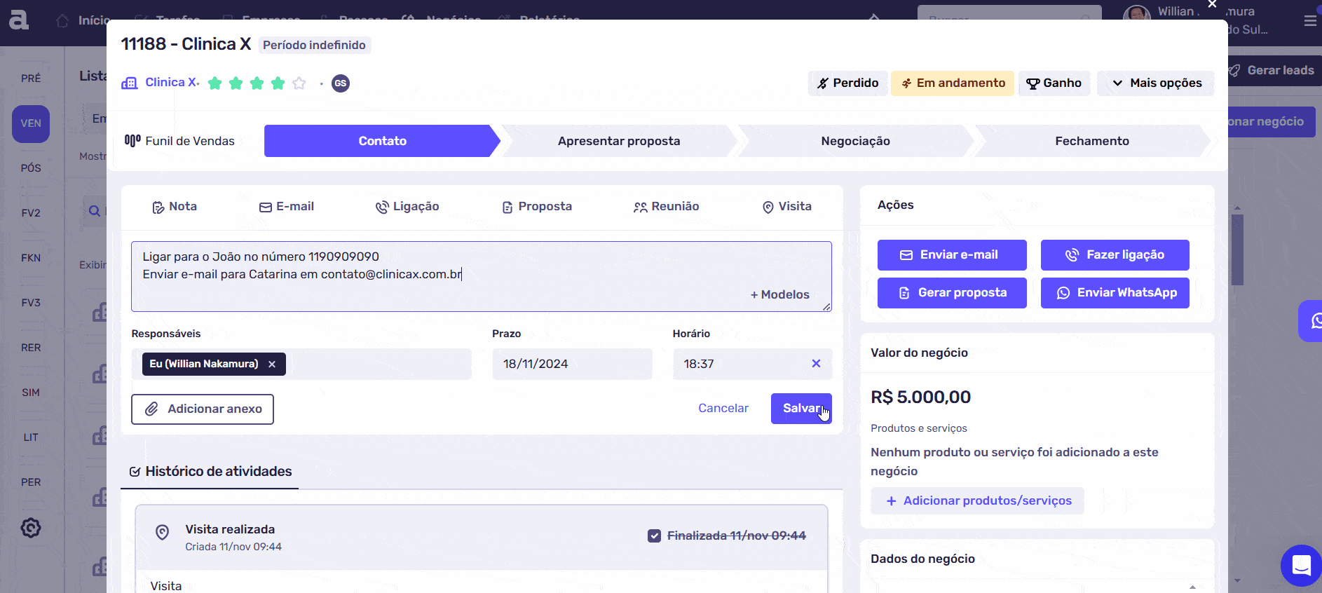 Demonstração do CRM do Agendor organizando a carteira de clientes de uma distribuidora