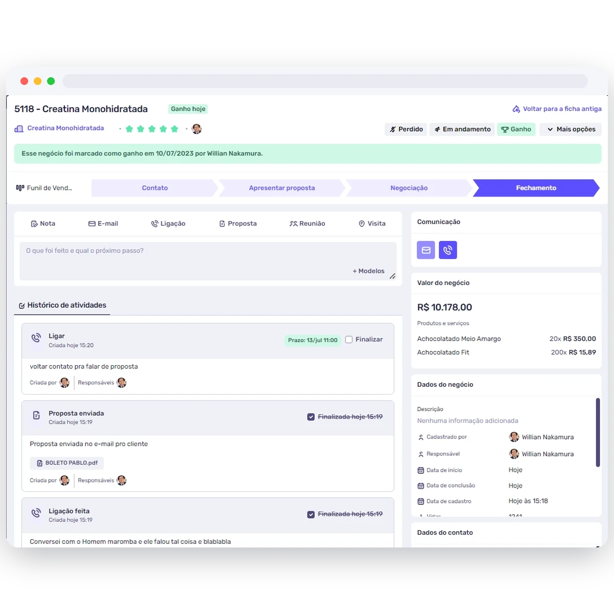 Ficha de negócio no Agendor com histórico de atividades, valor do negócio, produtos e etapas do funil