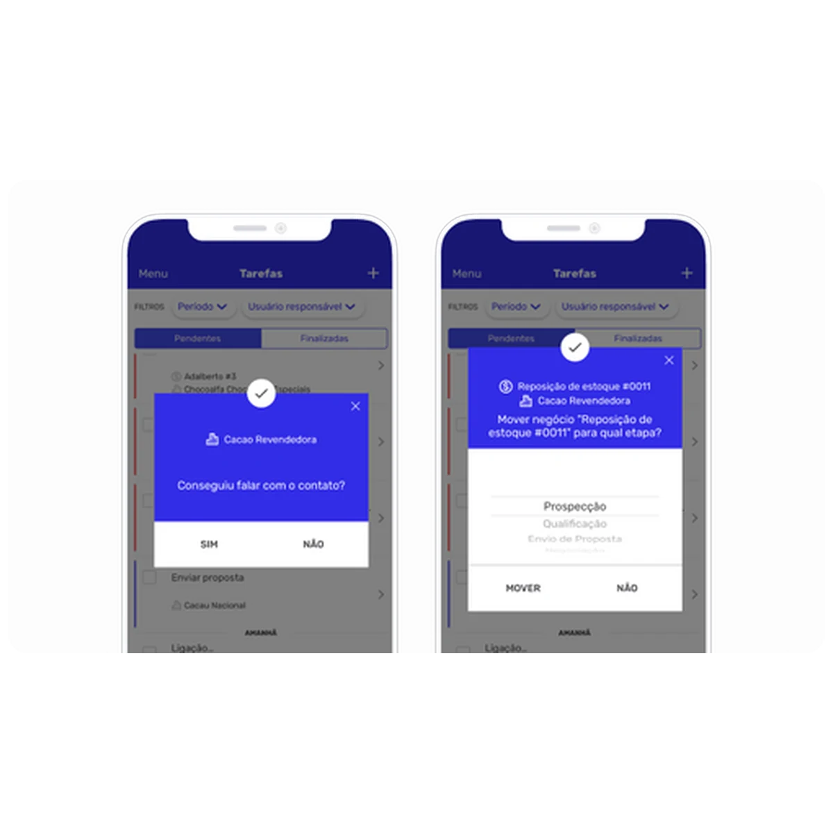 Aplicativo do Agendor no celular exibindo os detalhes de uma tarefa e a seleção do tipo de atividade: e-mail, ligação, proposta, reunião ou visita