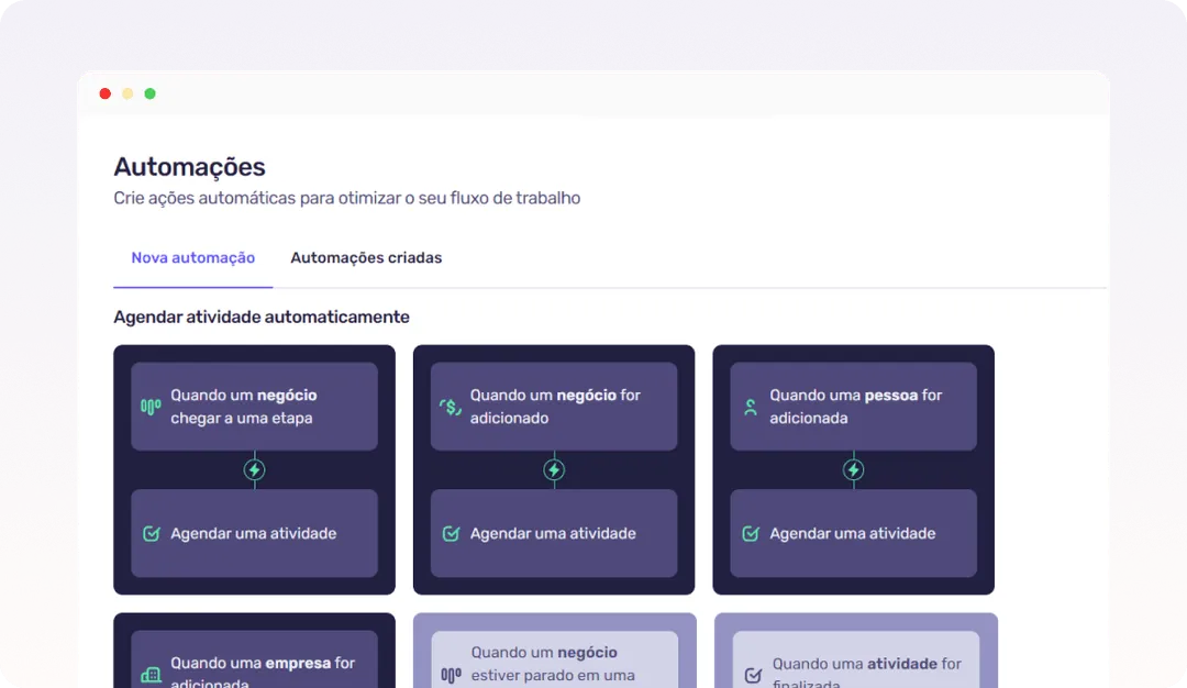 Tela de automações do Agendor com gatilhos e ações