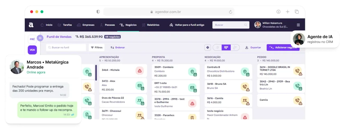 Janela do Agendor CRM com funil de vendas, conversa de WhatsApp e registro feito pela agente de IA