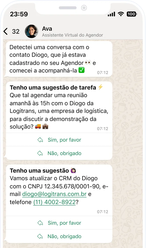 Ava sugerindo uma ação para o vendedor dentro da conversa de WhatsApp