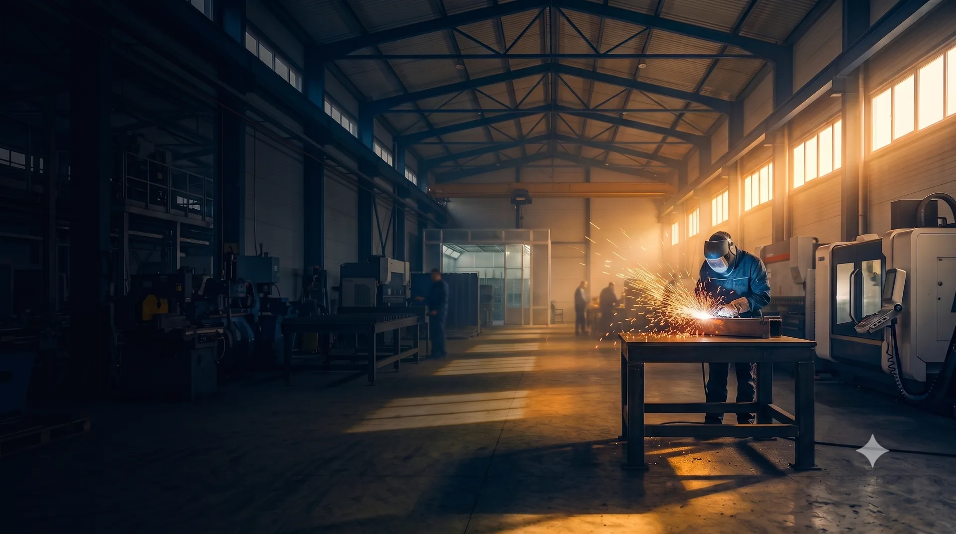 Interior escuro de galpão industrial com linha de produção iluminada