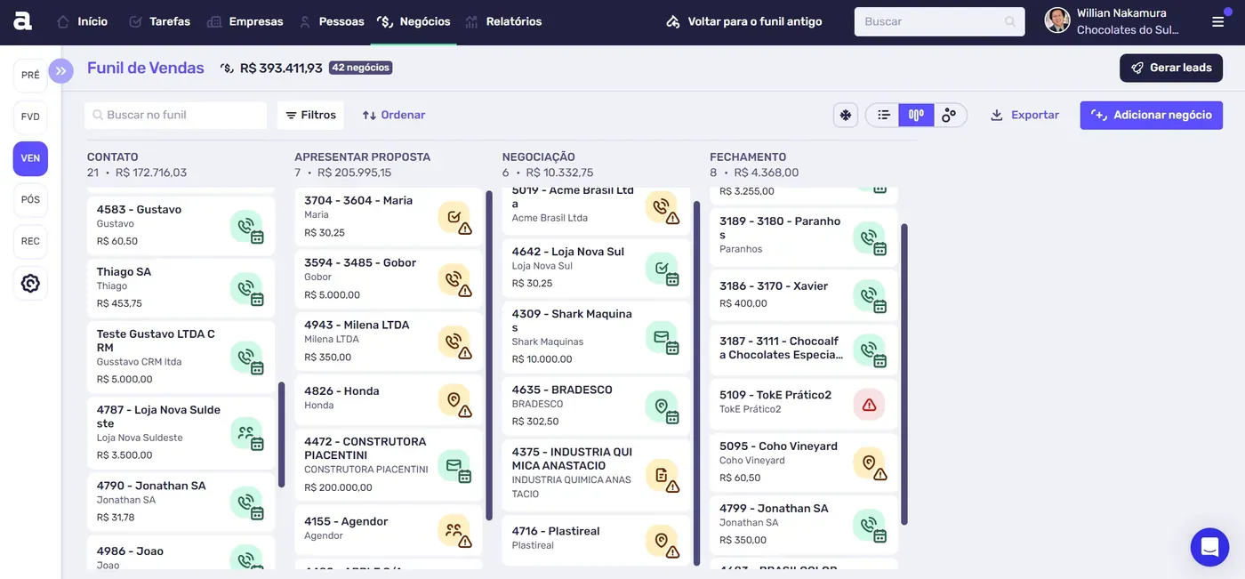 Funil de vendas do Agendor CRM com negócios por etapa