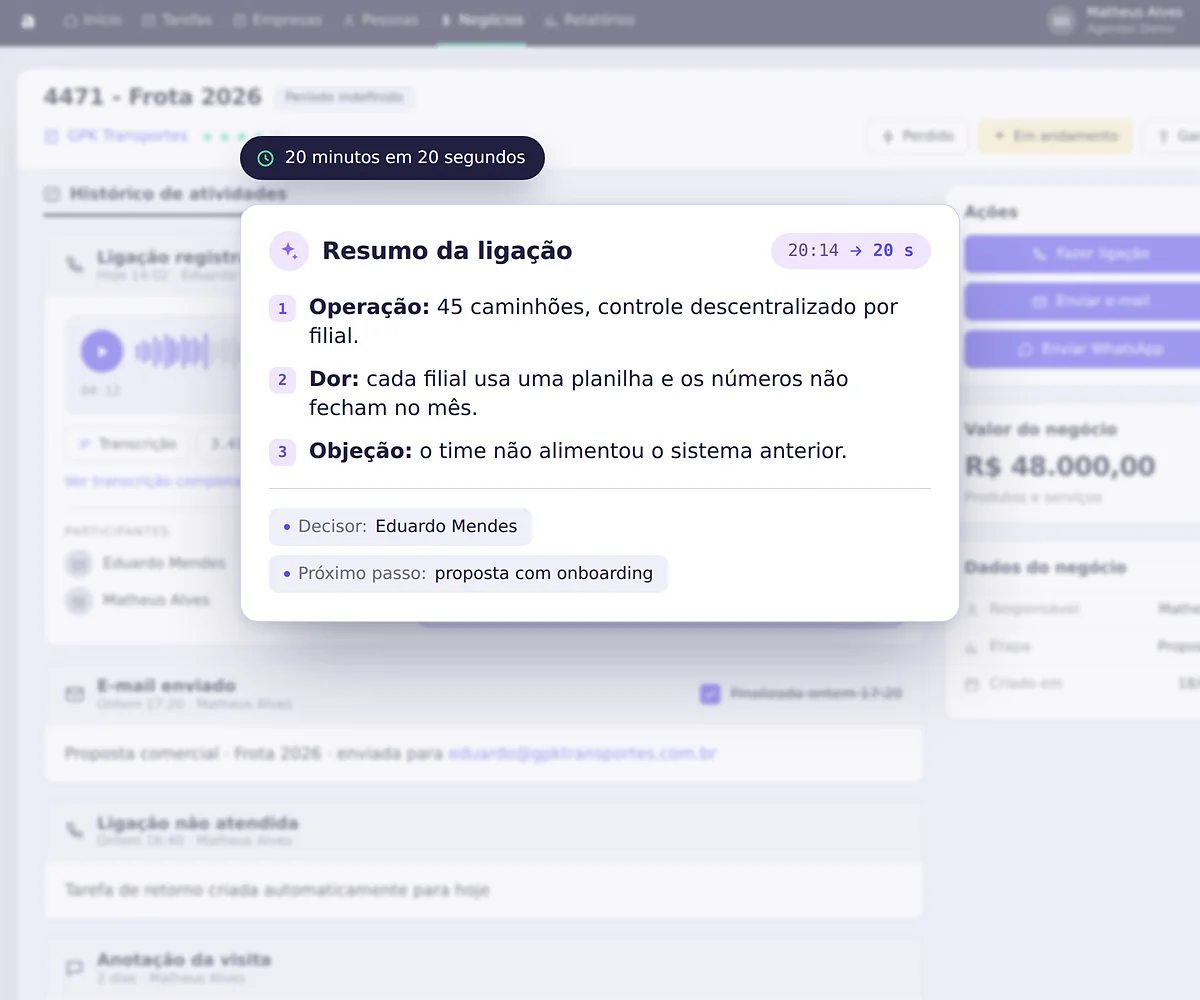 Ligação registrada no Agendor CRM com player de áudio, transcrição completa e resumo automático da conversa em pontos principais
