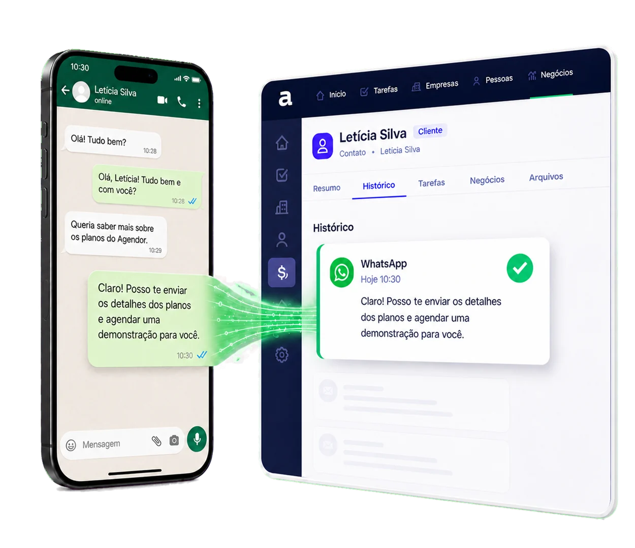 Mensagem de WhatsApp no celular do vendedor aparecendo automaticamente no histórico do contato dentro do Agendor