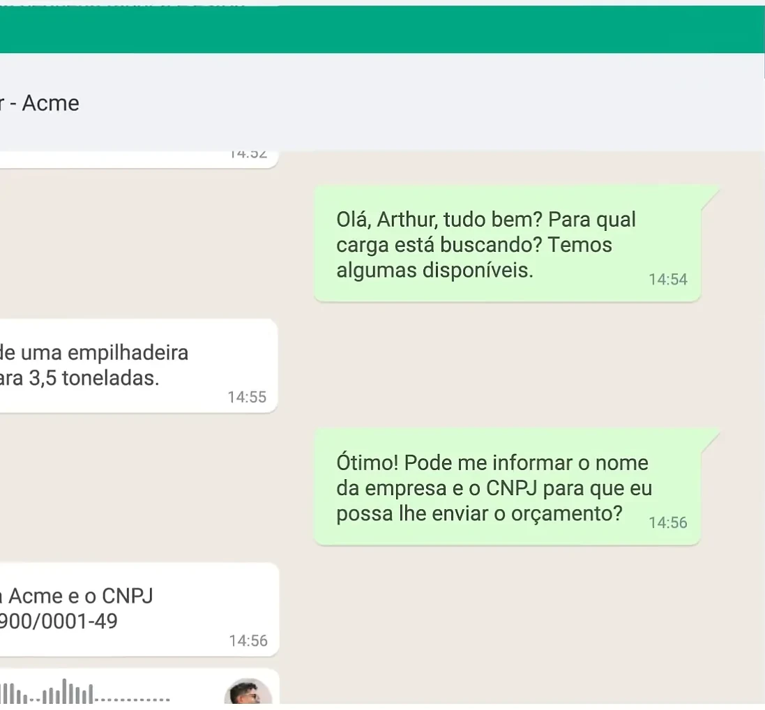 Conversa aberta no WhatsApp Web durante um atendimento comercial