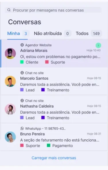 Fila de conversas do Agendor Chat com clientes aguardando atendimento